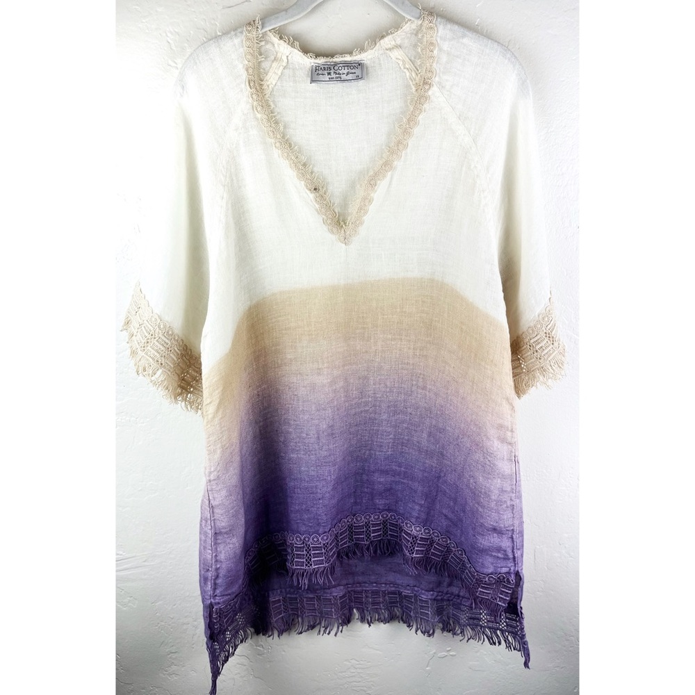 Haris Cotton Linen Top Lace Trim Top Cover Up Blouse Size XS Purple